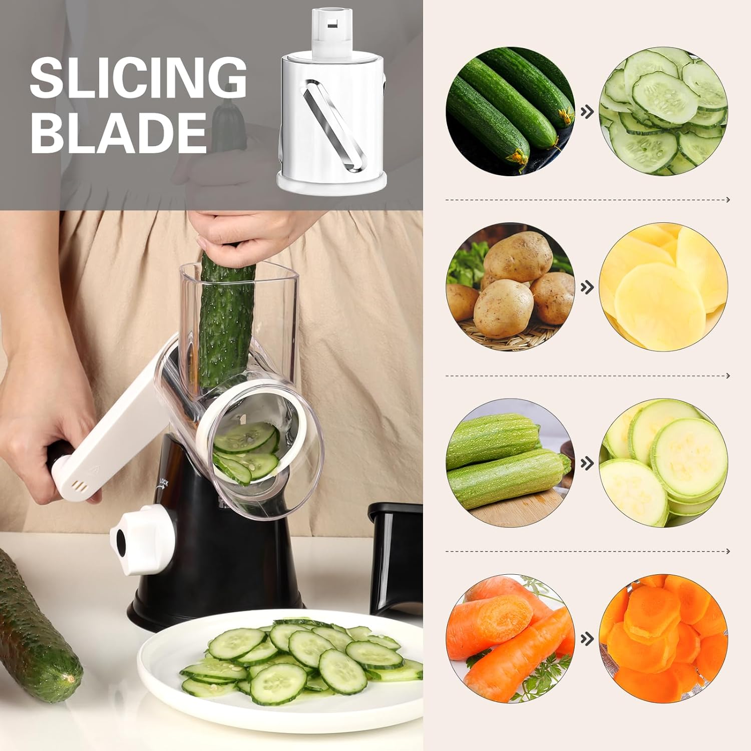 Rotary Cheese Grater - Hand Crank Shredder with 3 Blades and Cleaning Brush