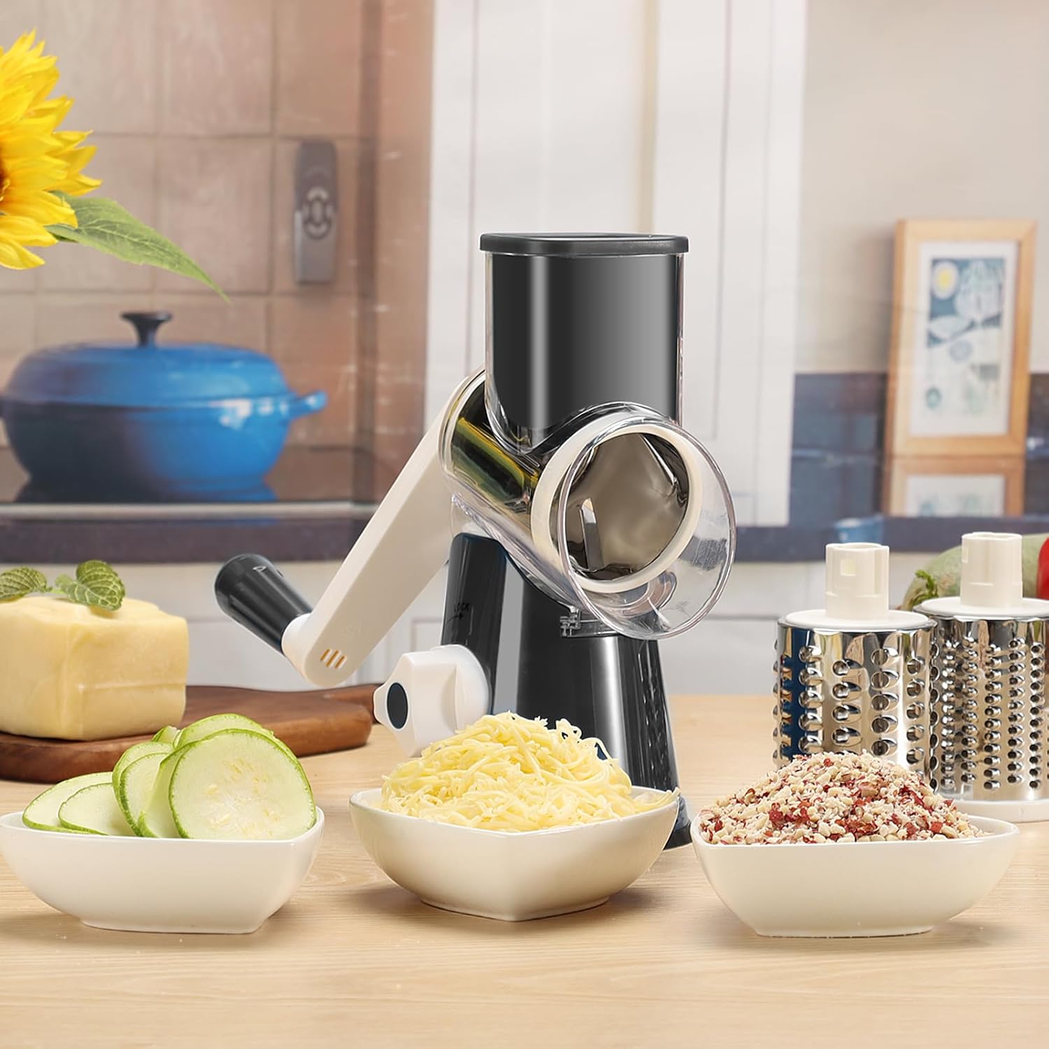 Rotary Cheese Grater - Hand Crank Shredder with 3 Blades and Cleaning Brush
