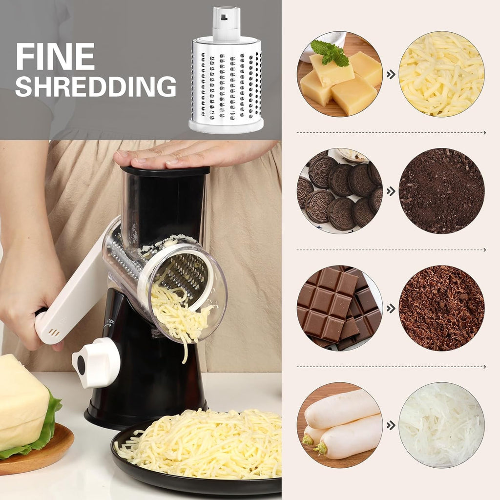 Rotary Cheese Grater - Hand Crank Shredder with 3 Blades and Cleaning Brush