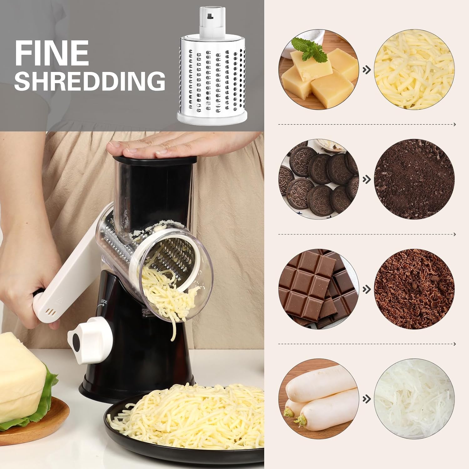 Rotary Cheese Grater - Hand Crank Shredder with 3 Blades and Cleaning Brush