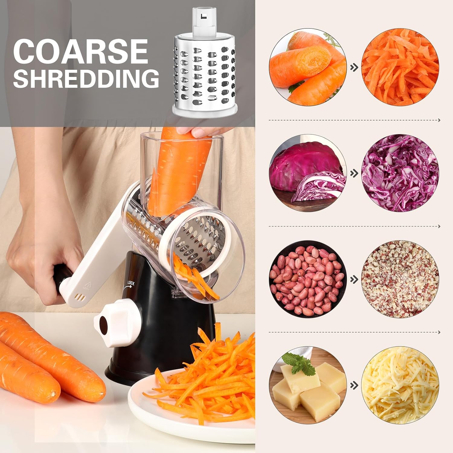 Rotary Cheese Grater - Hand Crank Shredder with 3 Blades and Cleaning Brush
