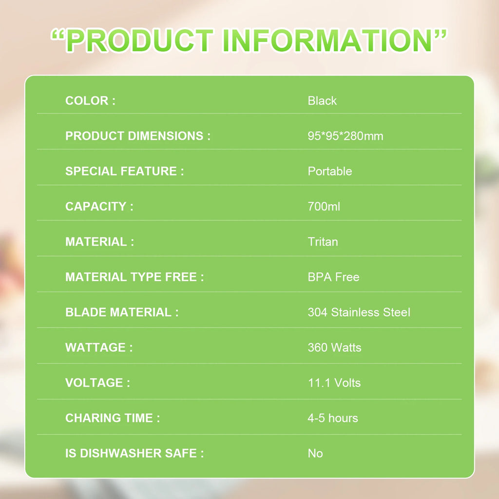 Portable Blender 700ML - USB Rechargeable Juicer for Smoothies Shakes