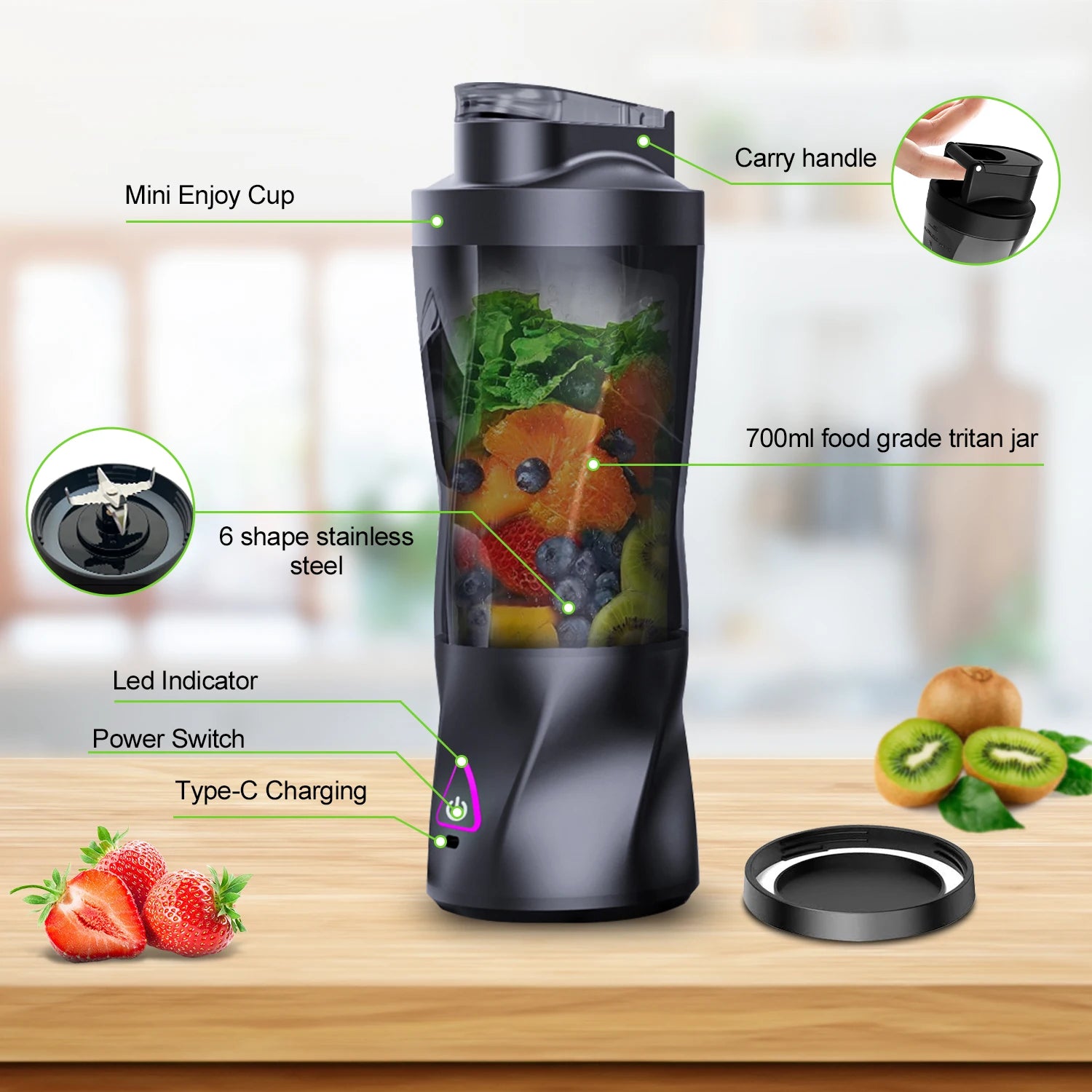 Portable Blender 700ML - USB Rechargeable Juicer for Smoothies Shakes