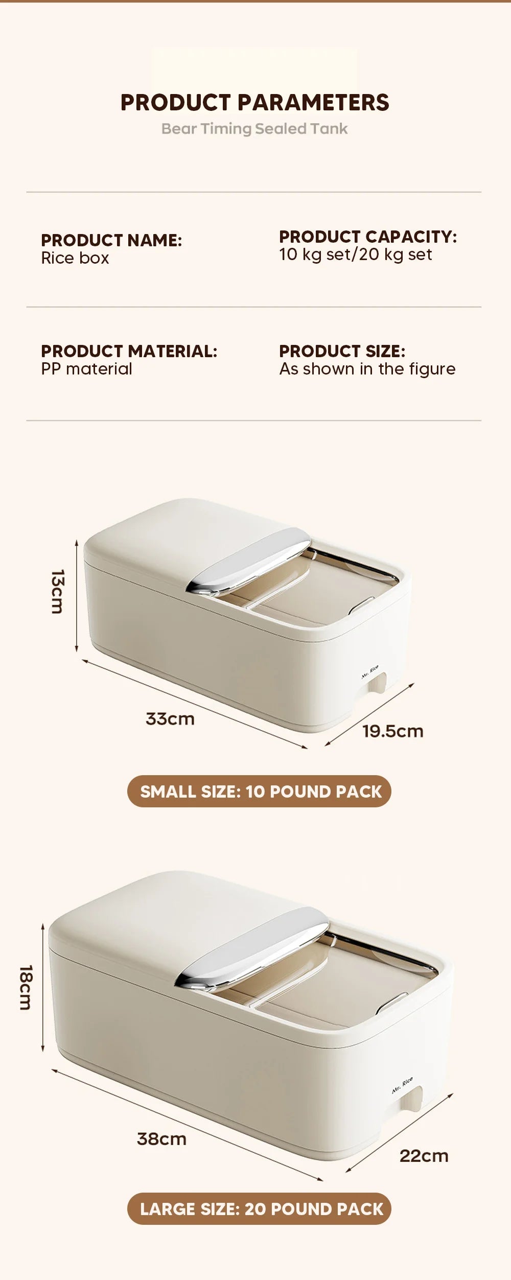 10KG Rice Storage Container - Airtight Cereal Dispenser Box