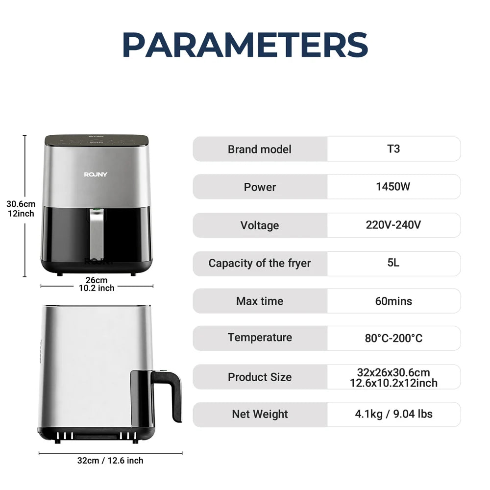 5L Air Fryer - Electric Oil-Free Fryer with Touch Control and Visible Window