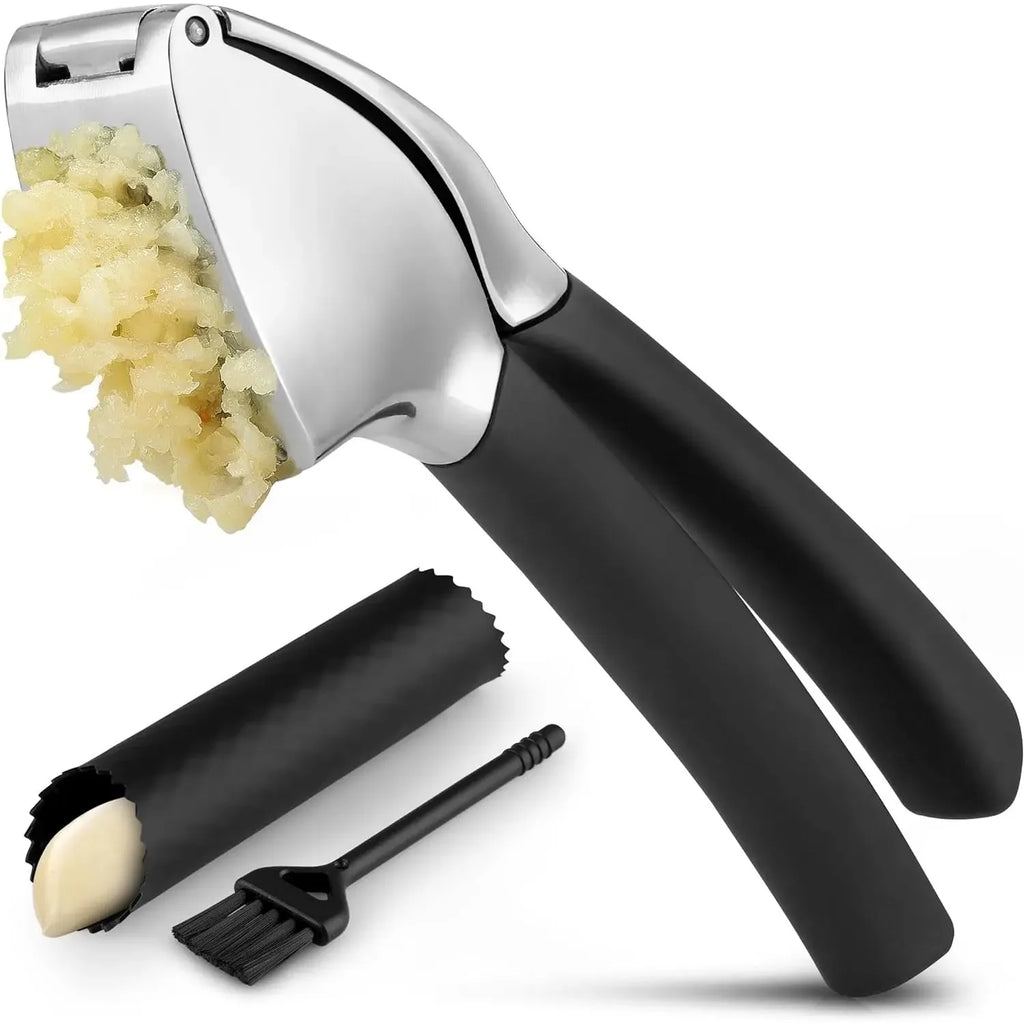 Stainless Steel Garlic Press Set - Professional Mincer with Cleaning Brush