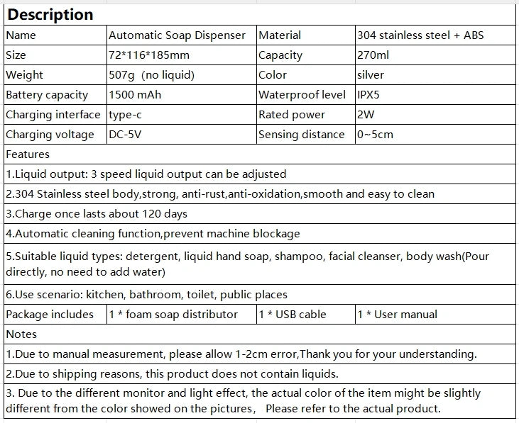 Automatic Soap Dispenser - Touchless Sensor Hand Sanitizer Stainless Steel